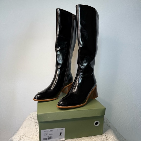 Motimoden pointed toe Knee High Boots chunky Mid Heel zipper Black size 7 - Picture 15 of 16